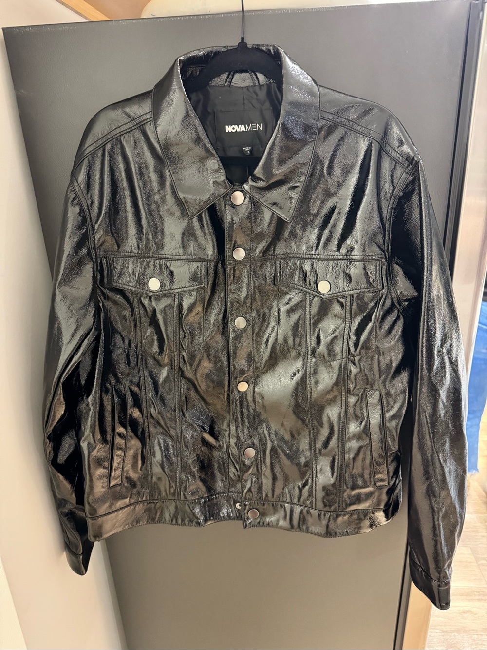Fashion Nova Men’s Shiny Black Faux Leather Shirt Jacket